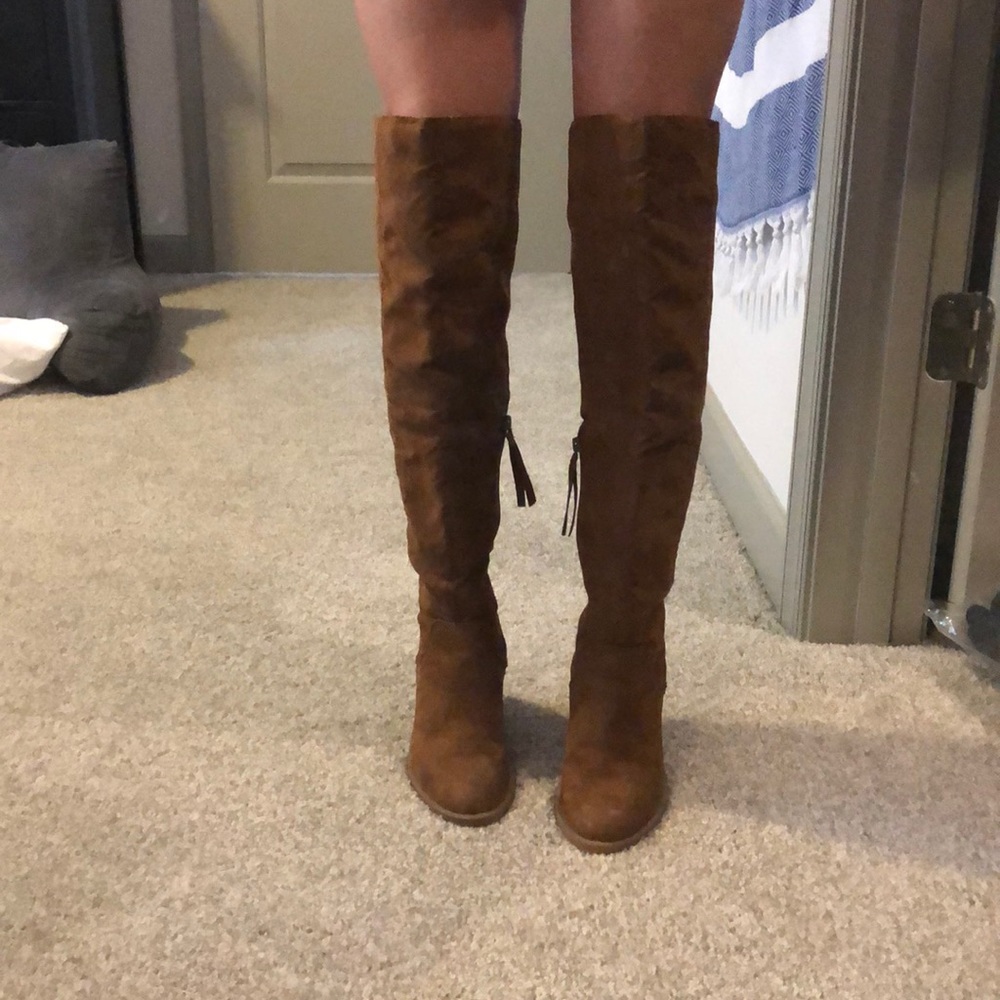 Brown faux suede over the knee boots
